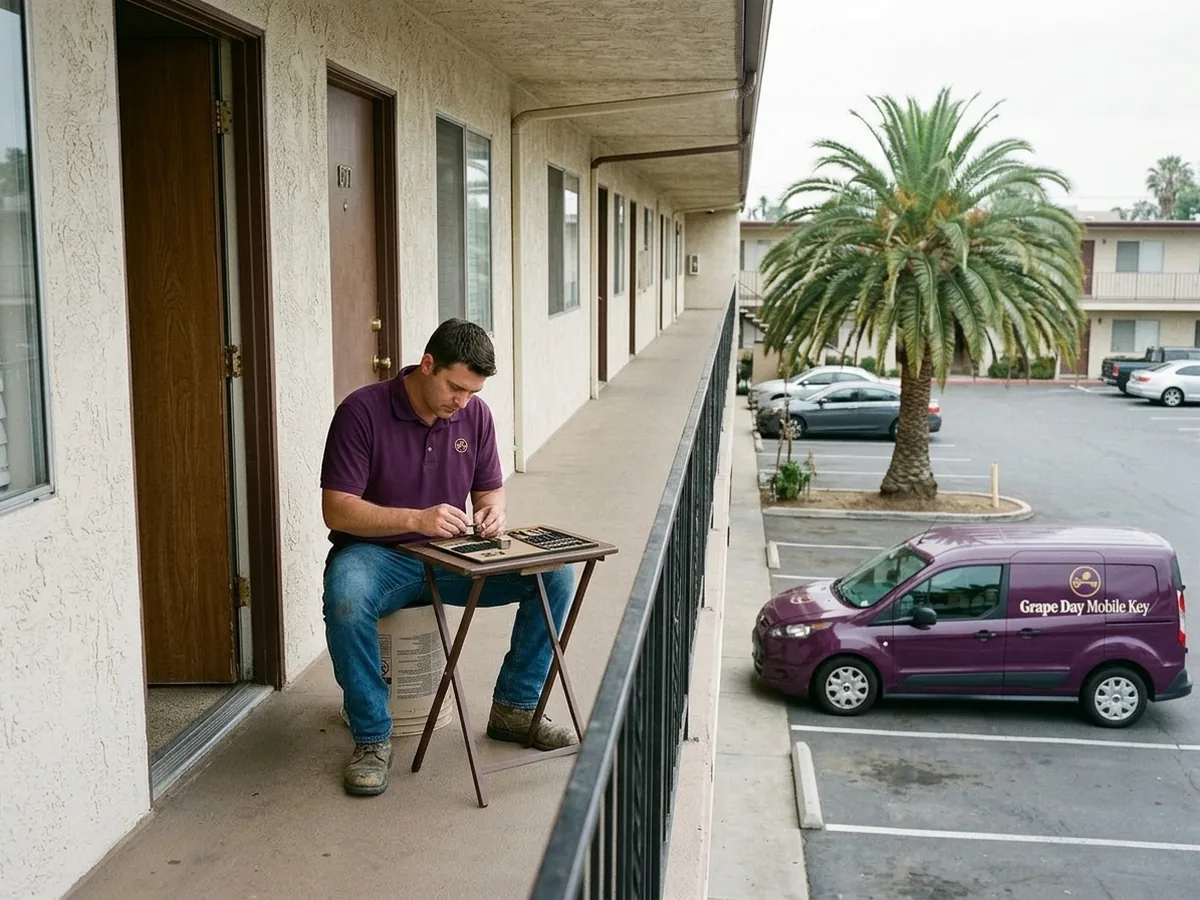 Technician pinning a lock cylinder on a folding tray outside an apartment door on a second-floor walkway in South Escondido, the van in the lot below