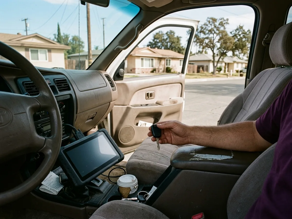 Programmer plugged into the diagnostic port of an early-2000s pickup on a residential street in east Escondido