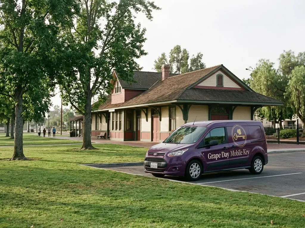 Grape Day Park lawn and the historic Santa Fe depot building with the van in the public lot nearby