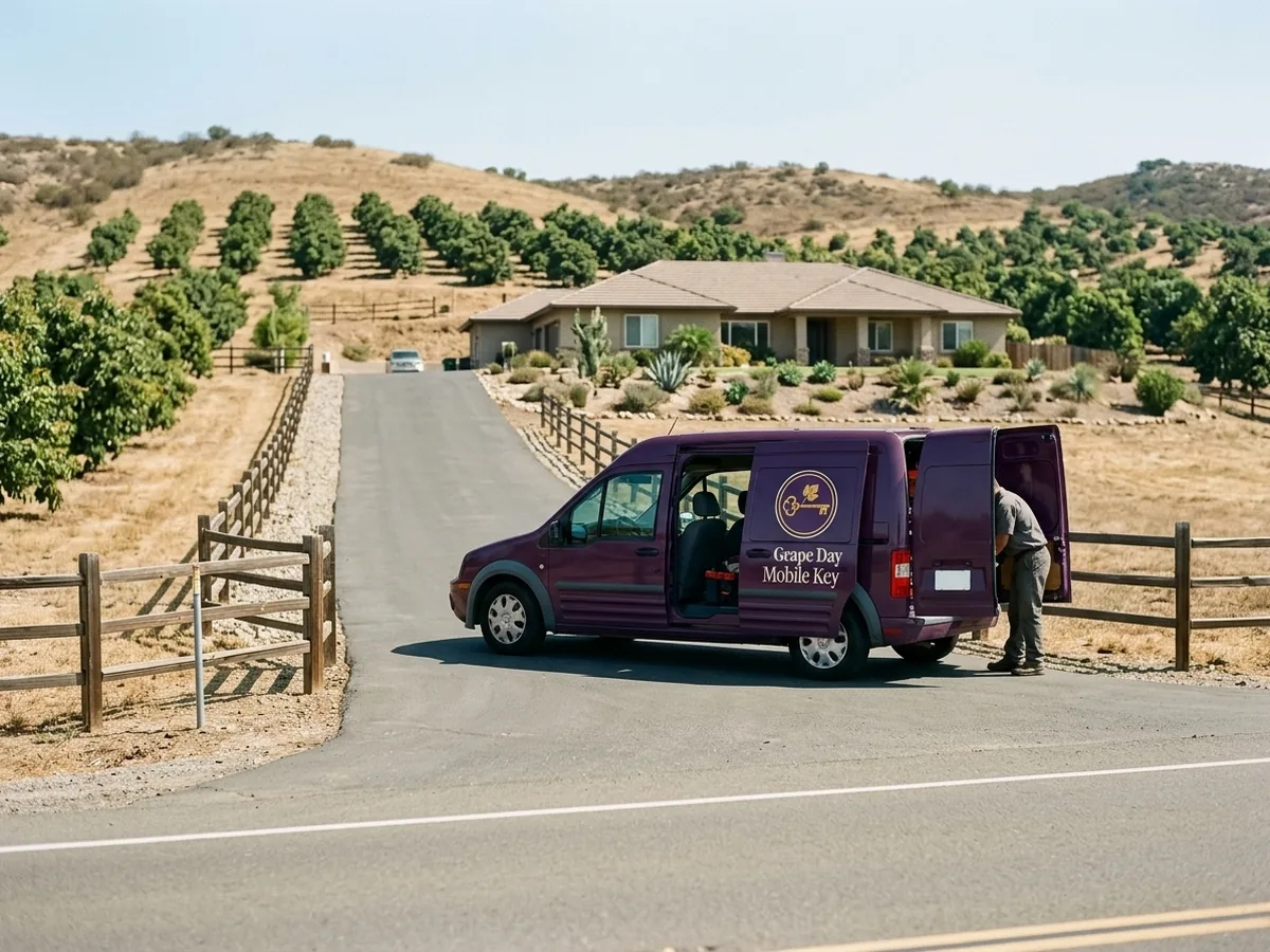 Ranch house with a long drive and avocado trees in Hidden Meadows, the van parked in the drive