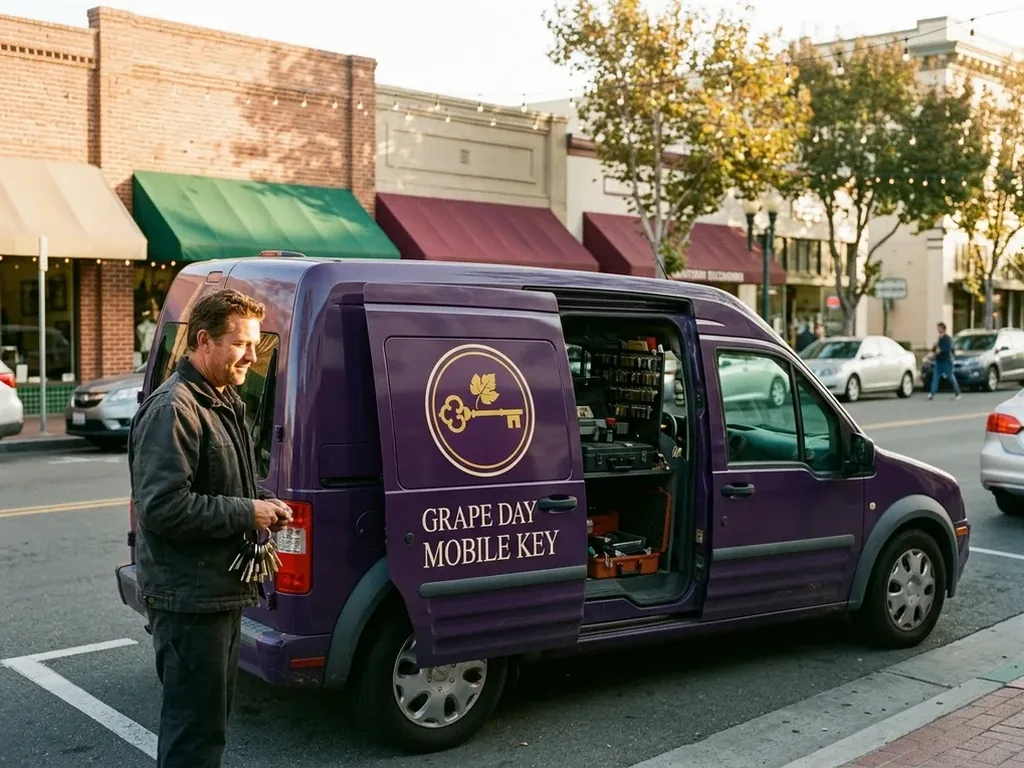 Tony Pierce beside the purple van on Grand Avenue with the downtown storefronts behind
