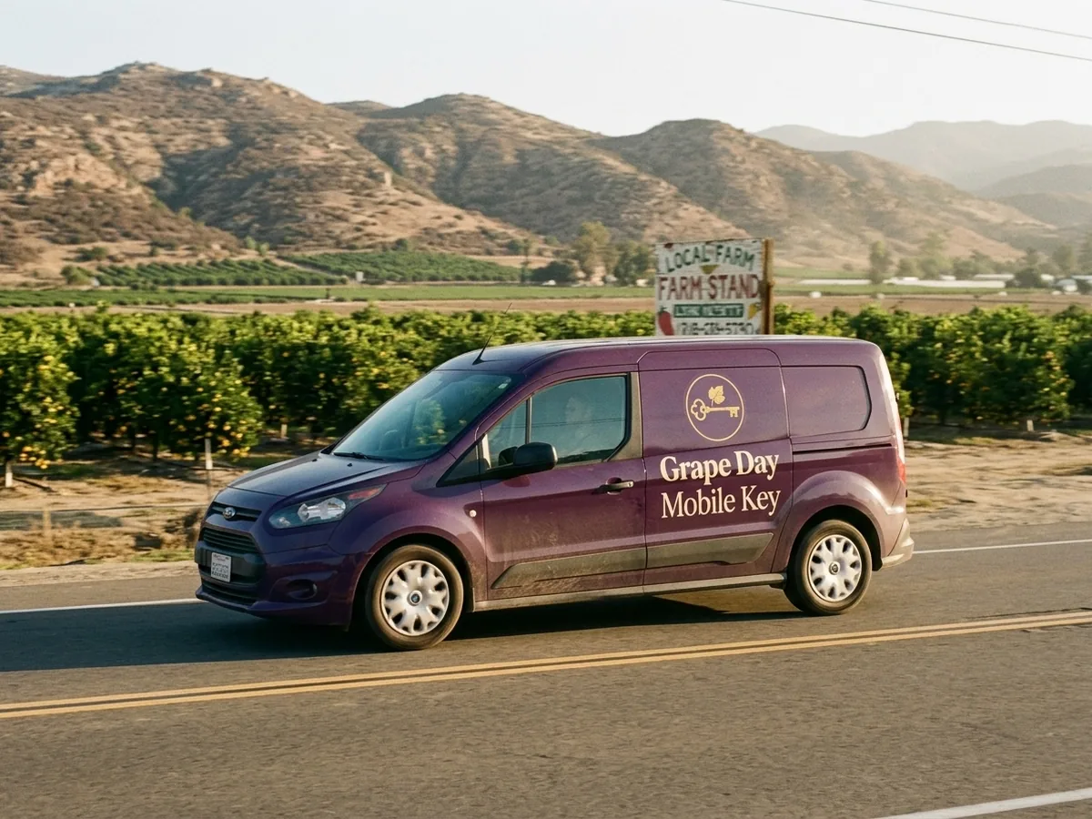 The van on the road through San Pasqual Valley past citrus rows and a farm-stand sign
