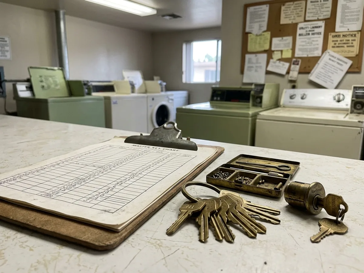 Master-key chart and a ring of stamped keys on a clipboard in the laundry room of an East Valley apartment complex