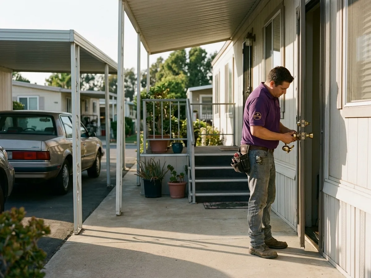 Technician changing the lock on a manufactured-home door at a mobilehome park entry