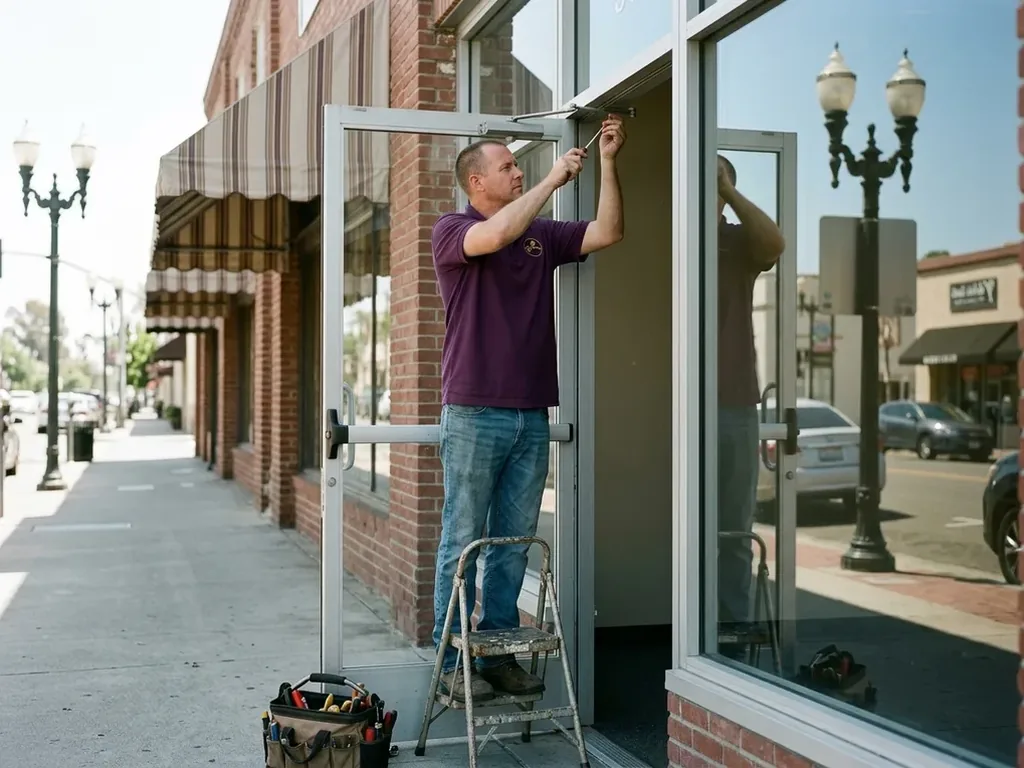 Glass storefront door with a panic bar on East Grand Avenue, technician adjusting the closer